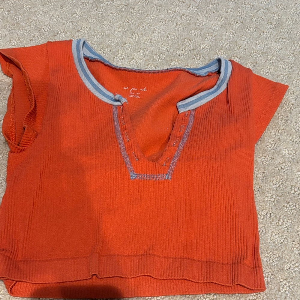 Orange Short Sleeve Top with Blue Trim